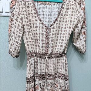 Spell Cream and Brown Floral Midi Dress with Pink Accents